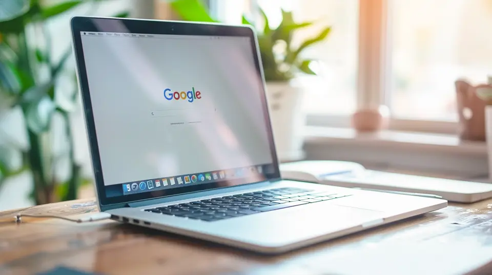 macbook with the screen on google in a well lit area on a bench